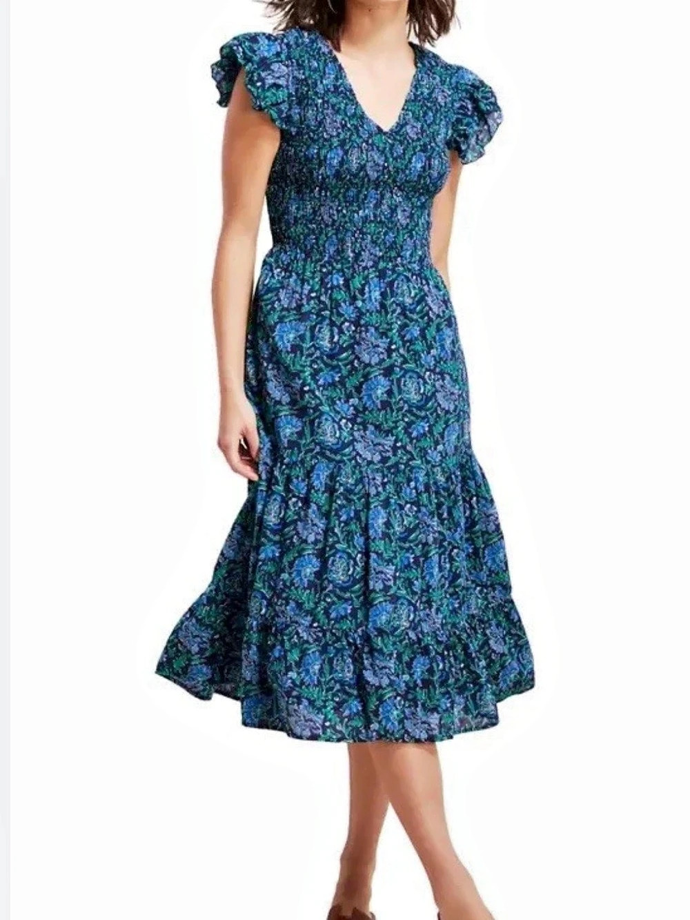 Vineyard Vines Smocked Flutter Sleeve Midi Dress Blue & Green Size Large